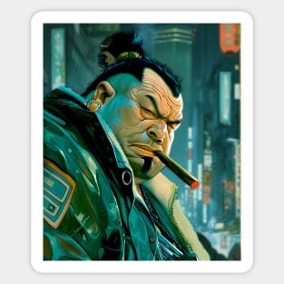 Puff Sumo 2: Smoking a Fat Cigar in a Dystopian City Scene on a Dark Background Sticker